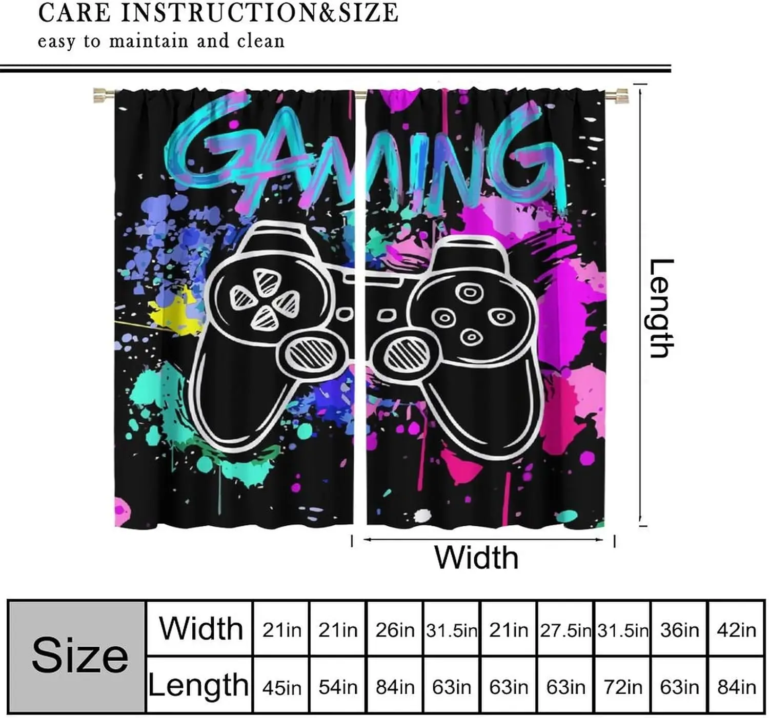 Gaming Curtains Kids Boys Teen Graffiti Gamepad Blackout Window Treatment Gamer Colorful Splashed Ink Cute Cool Dark Controller
