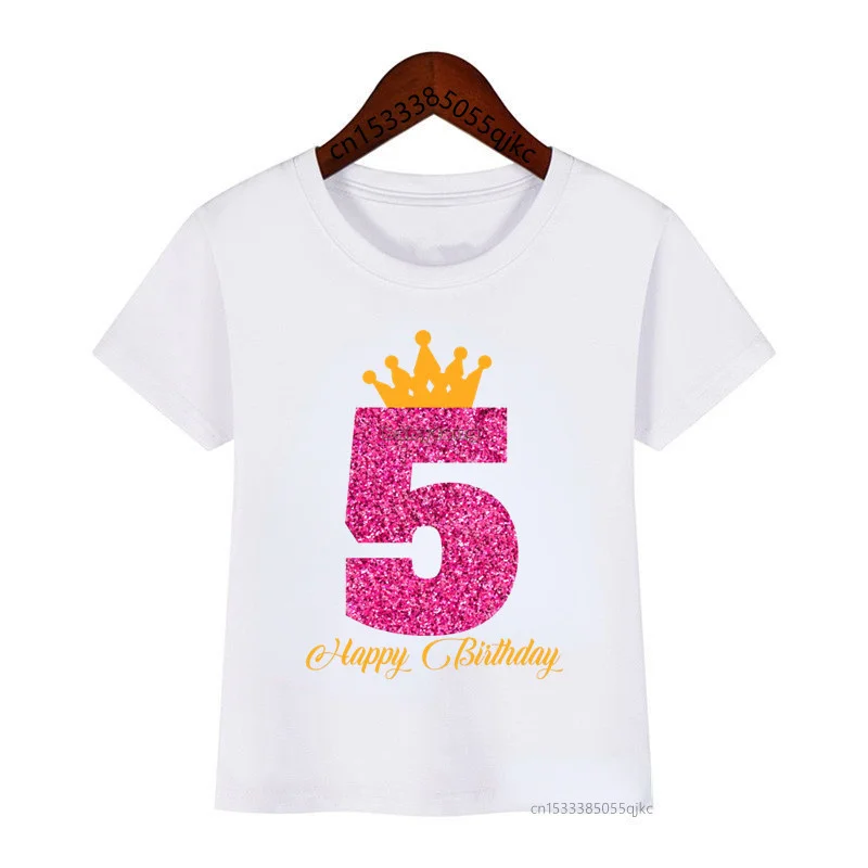 

New Explosive Crown Birthday Printed T Shirts Kids Birthday Girls T Shirts Custom Number Name Funny Cute Gift T Shirts