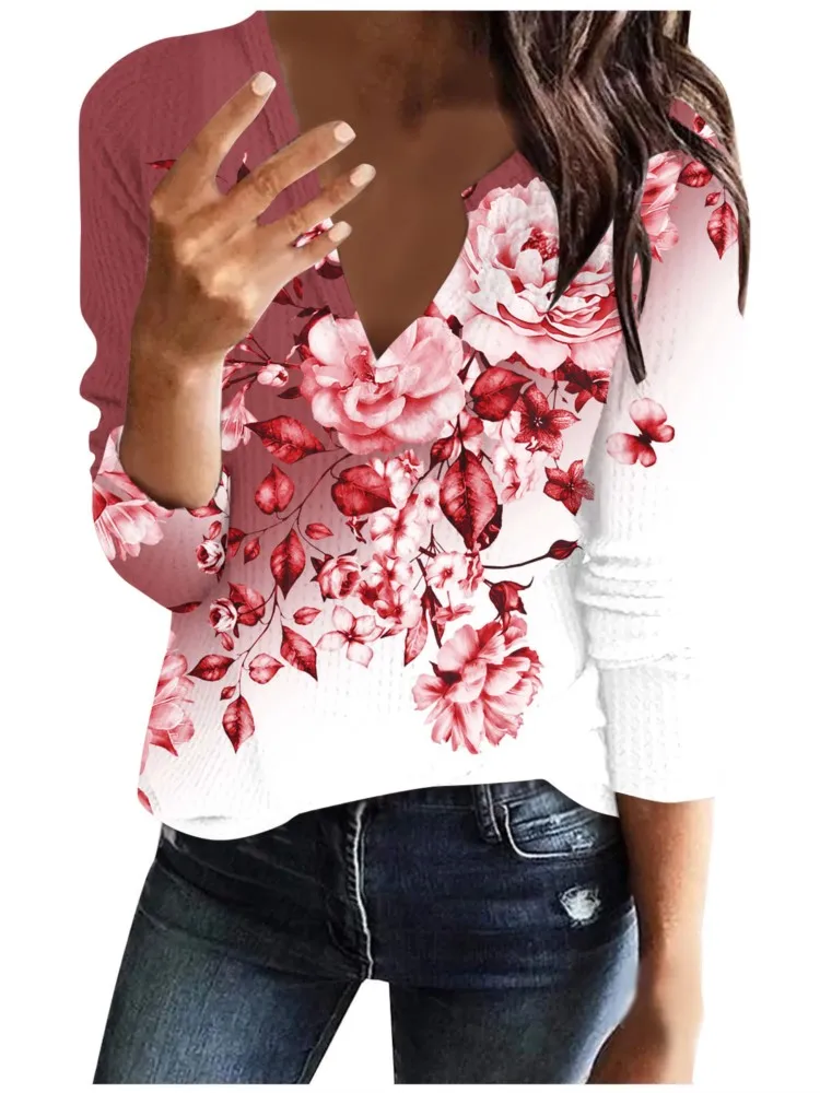 

2024 T-shirts Women New Floral Printed V-neck Long Sleeve Pullover Vintage Elegnat Slim Fashion Female's Tops Spring And Autumn