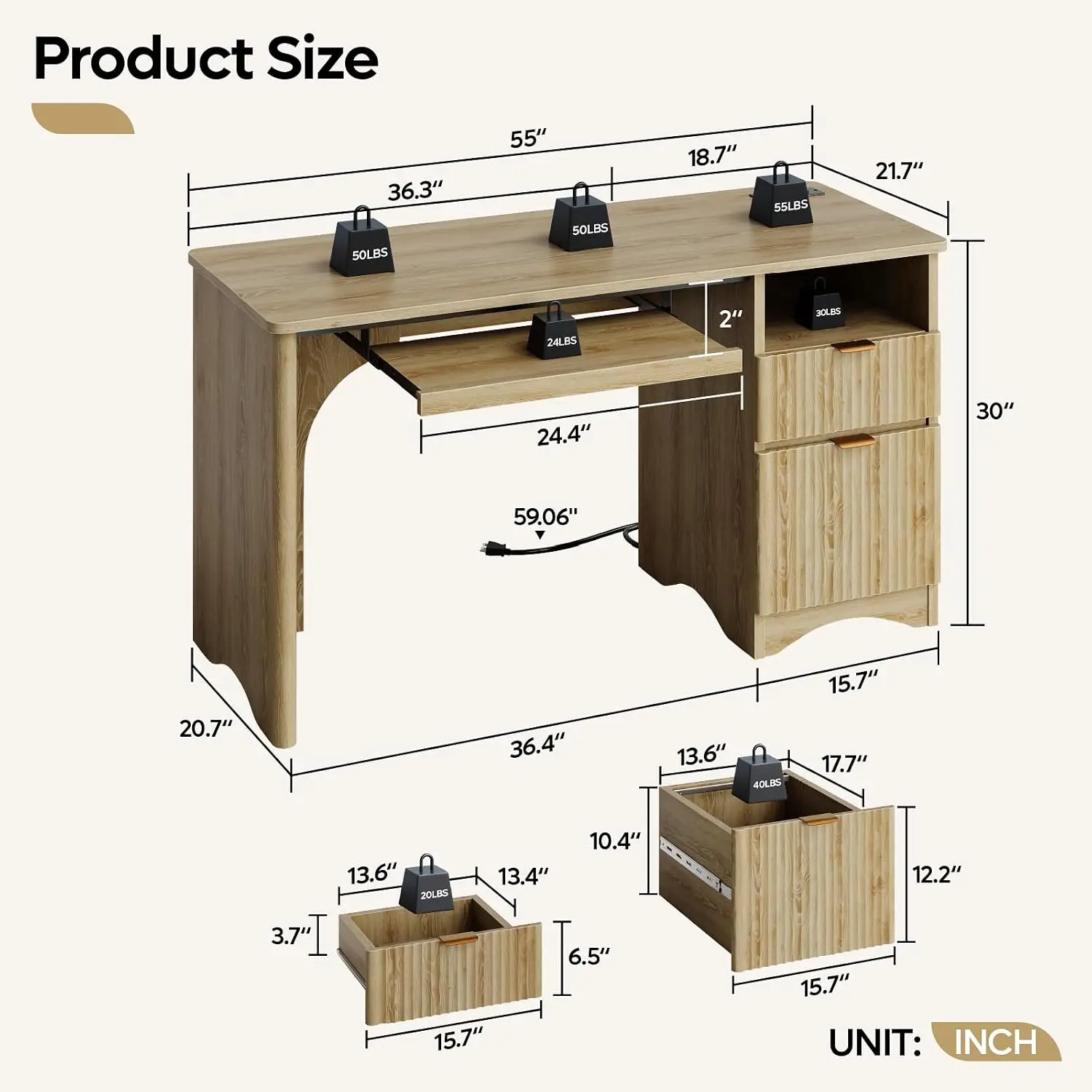 Desk with Drawer & Power Outlet, 55 inch Office Desk with Keyboard Tray, Oak Single-Sided, Customized