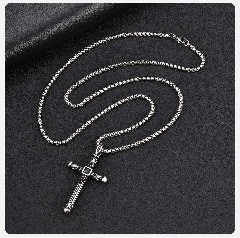 Vnox Vintage Gothic Kreuz-Anhänger-Halskette für Herren, Edelstahl, schwarze Zirkon-Kastenkette, Punk, religiöses Amulett, Schmuck, Geschenk – Detail 6