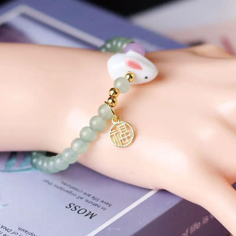 Cute Charming Rabbit Ceramic DIY Crystal Bracelet Men and women lucky pendant woven bracelet Young fashion jewelry accessories