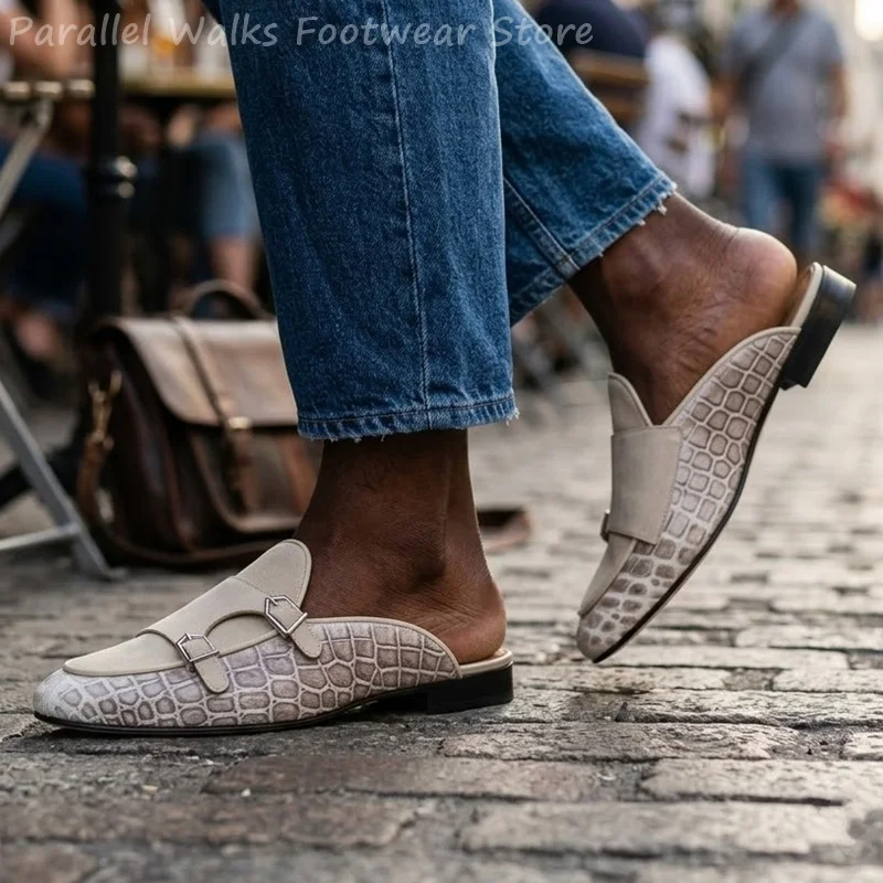 Mens Croco Embossed Leather Mules Backless Slip On Loafers Double Buckle Casual Business Driving Party Flat Slippers Shoes Beige