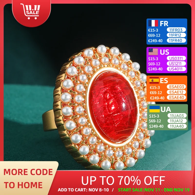 

Vintage Red Glass Oval Pearl Engagement Rings For Woman Large Gold Color Natural Stone Wedding Luxury Quality Jewelry Brand