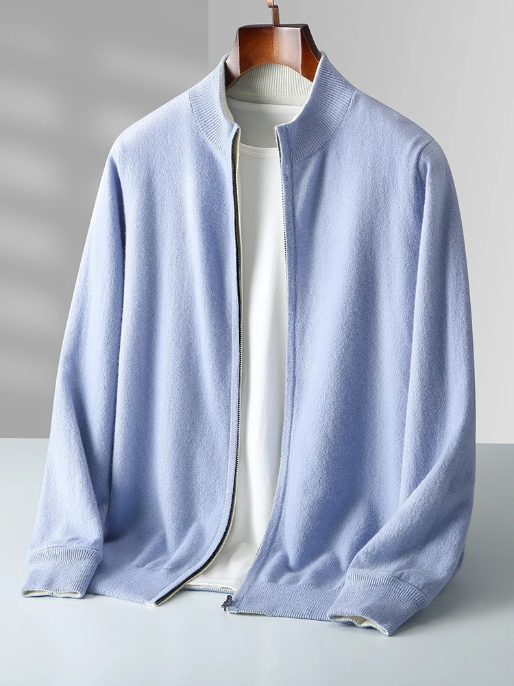 

Autumn Winter Men 100% Merino Wool Stand up Collar Knit Cardigan Sweater Double-sided Thickening Zip-up Cashmere Sweat