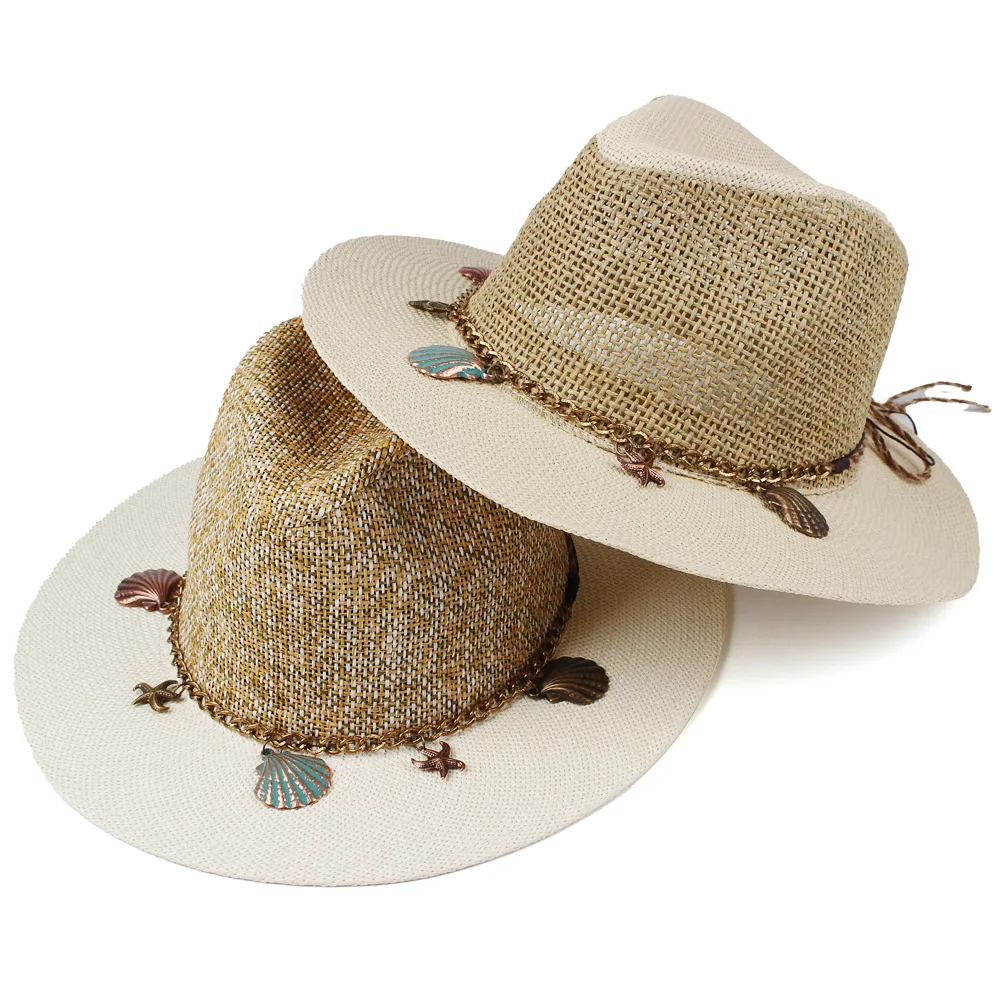 British Fashion Casual Panama Straw Hat Personalized Splicing Color Stiff Brim Top Hat