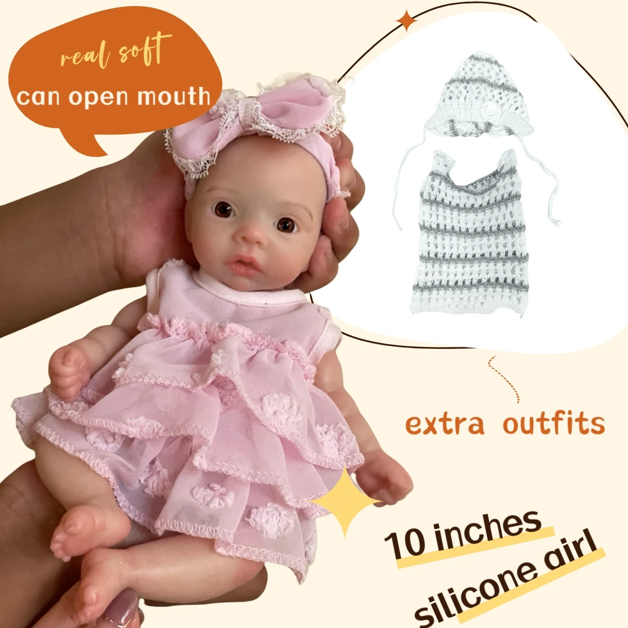 

1PC 10inch Silicone Reborn Bebe Doll With 2 Sets of Outfits, Open Mouth, Waterproof, Lifelike Painted Newborn Baby Girl Toys