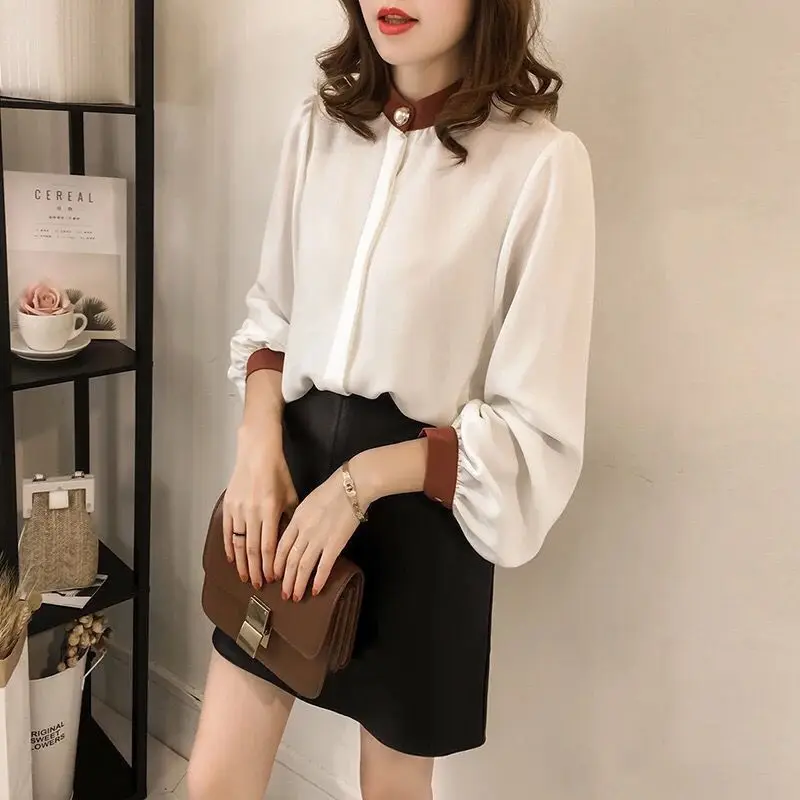 Elegant Stand Collar Button Spliced Lantern Sleeve Chiffon Shirt Women Clothing 2022 Autumn New Casual Tops Loose Commute Blouse