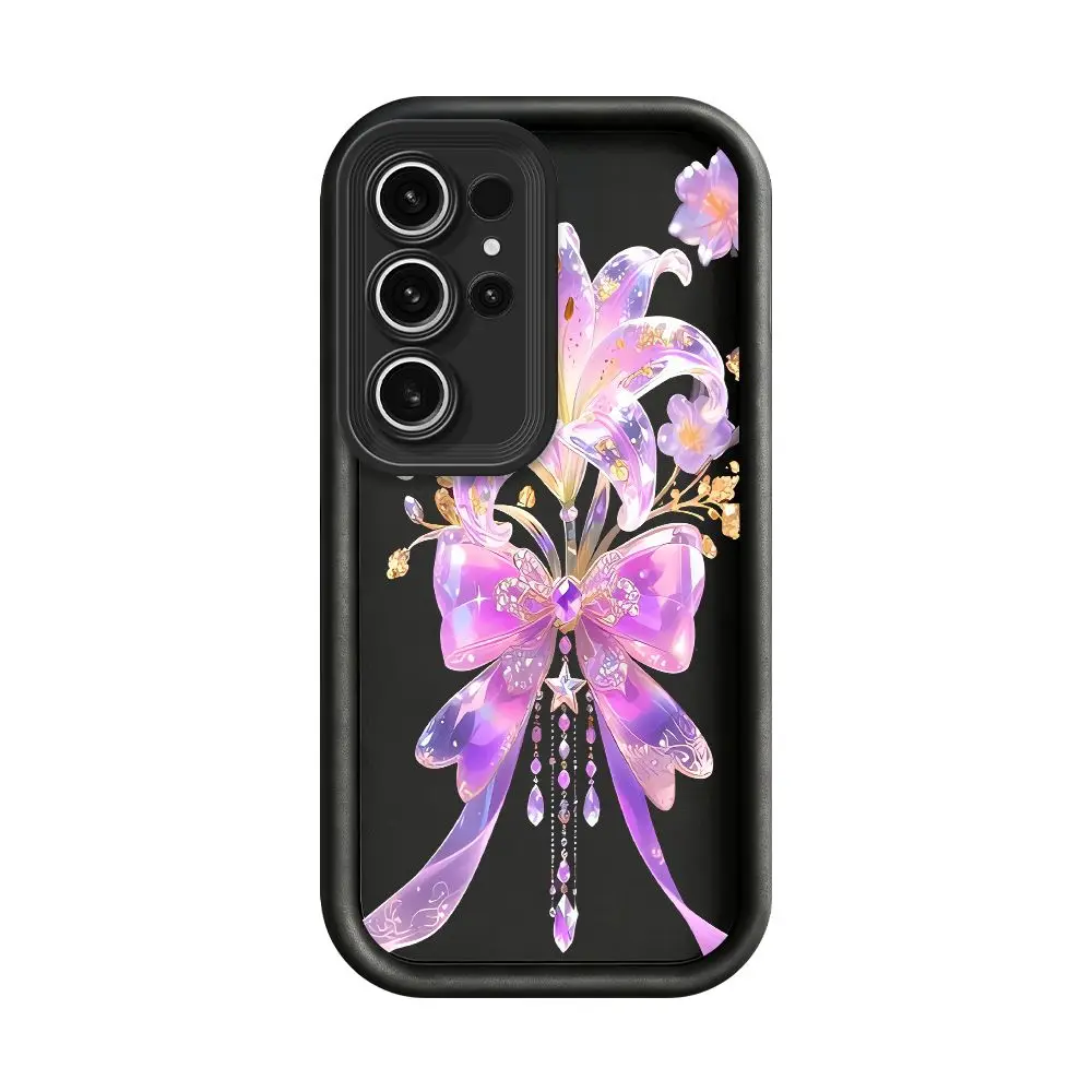 Glossy Fairy Dreamy Purple Bow Lily Floral Crystal For Samsung S26 S25 S24 Ultra Plus FE A57 A56 A54 A37 A26 A17 A16 A07 A06case