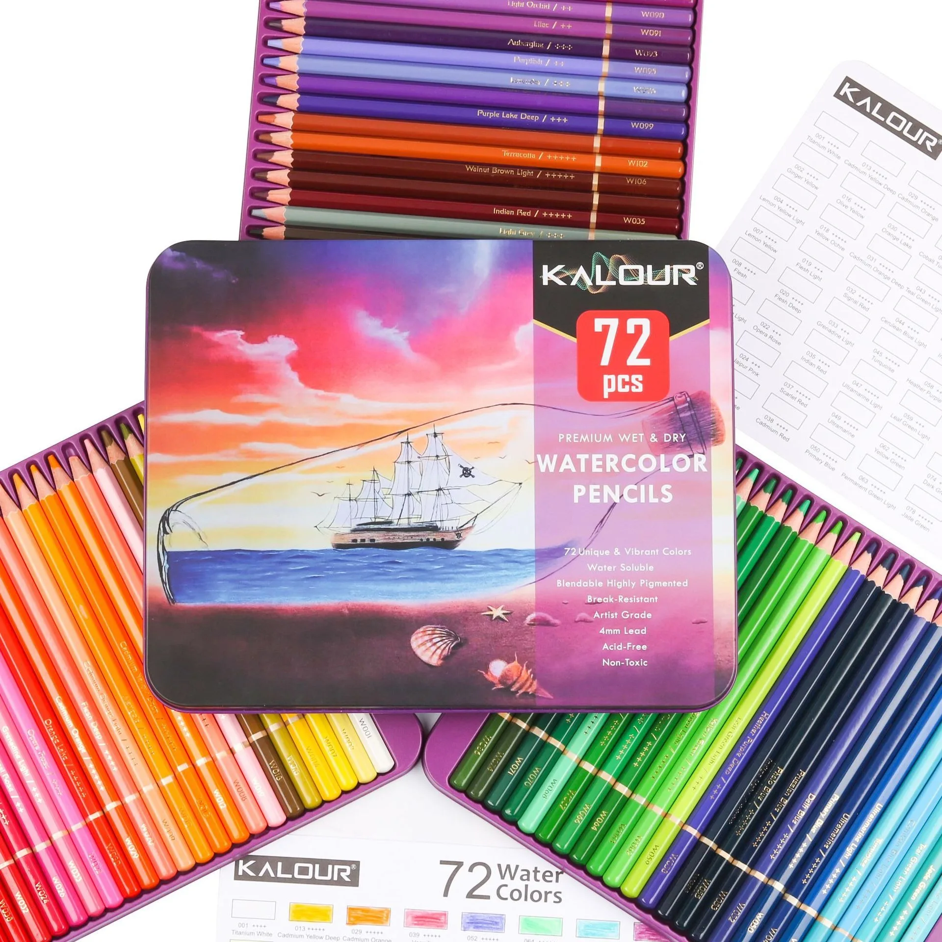 Kalour-Lápis de aquarela profissional, 72 lápis coloridos, desenho para adultos, livros de colorir para iniciantes e crianças