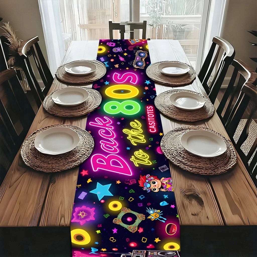 【Retro 80s】Back To The Eighties Theme Table Runner, Home Indoor & Outdoor Party Holiday Dining Table Runner