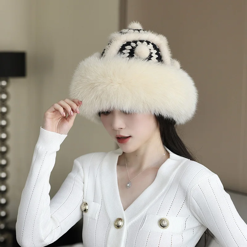 

2024 Women's Real Fox Fur Hat, Big Brim Ear Protection, Mink Bucket Hats, Chinese Lion Style, Keep Warm, Autumn and Winter