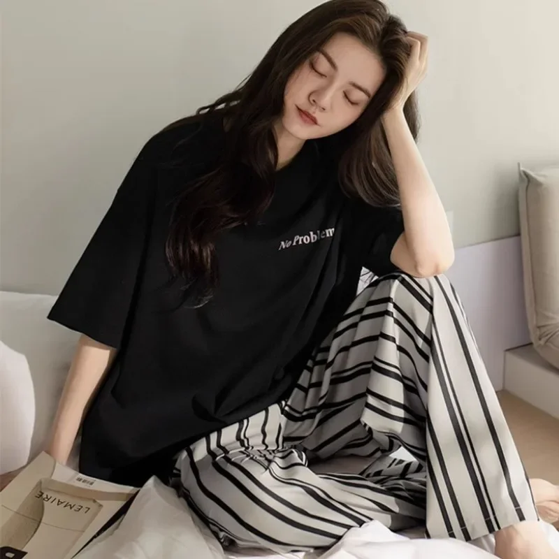 

Women's Short-Sleeved Pants Pajamas Suit Fall and Winter Sleepwear Letters Homewear Strawberry Plaid Pants Nightwear Loungewear