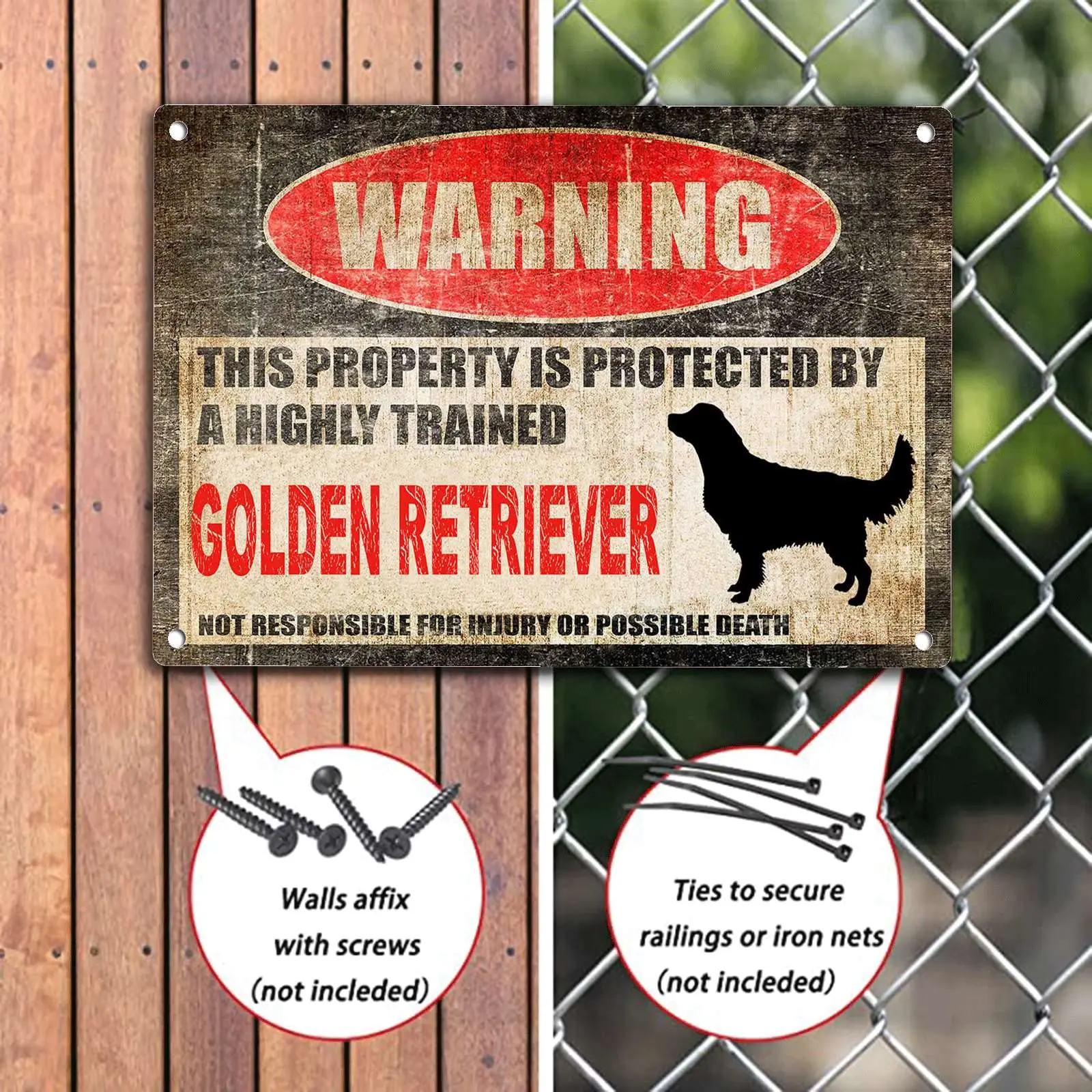 ELIPOS Tin Sign Beware Dog Tag Fence Golden Retriever Sign This Property is Protected Funny Metal Tin Sign Vintage Metal Sign fo