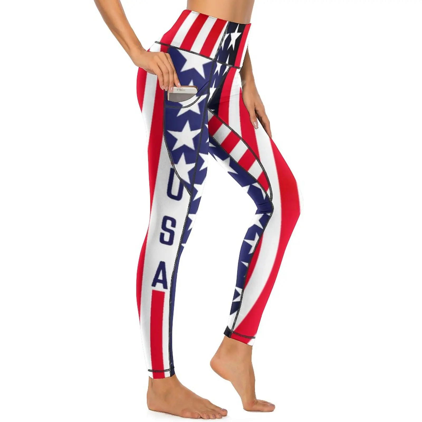 

USA American Flag Quality Leggings Patriotic Modern Stars Stripes High Waist Yoga Pants Retro Stretchy Leggins Women Running Spo