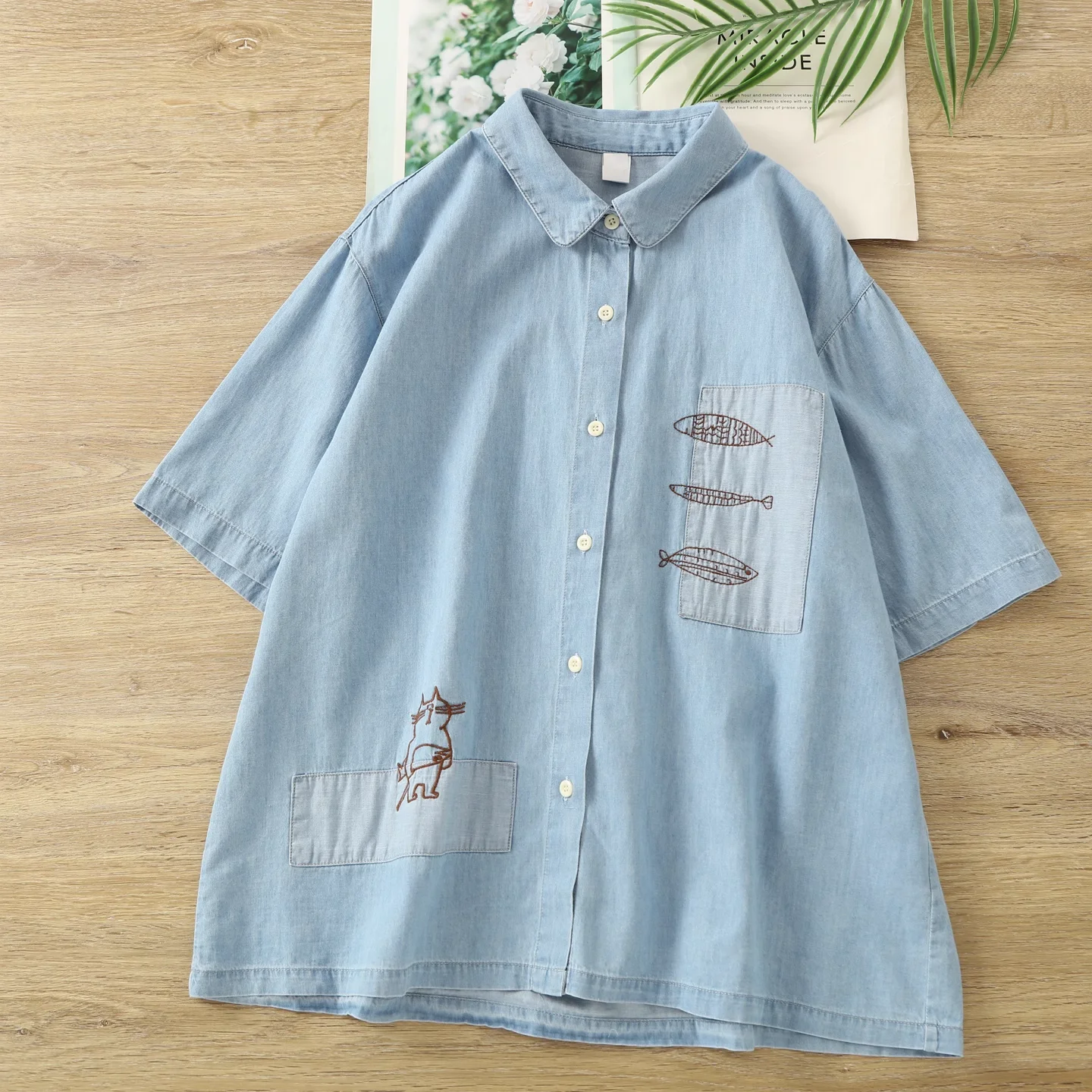 

2025 Cartoon women's denim shirts mori girl Japan style short sleeve kawaii fish embroidery blue denim blouses jean tops