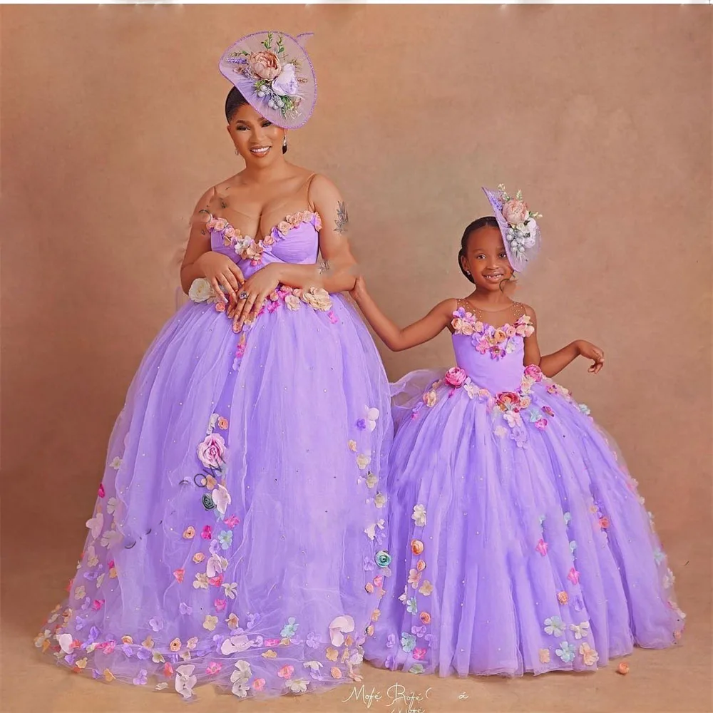 Photography Mom And Me Dresses 2 Pieces Tulle Dresses Long Photoshoot Fluffy Lavender Beads Floral Maxi Women Gowns