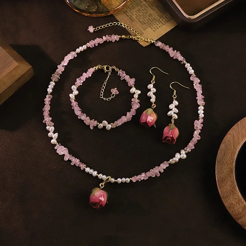 

Pearl Crystal Flower Jewelry Set 3Pcs Elegant Necklace Bracelet Earrings Fashion Accessories for Women Party Choker Collar Gifts