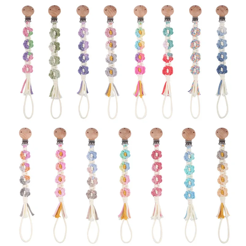 ABCPICK Yeni Bebek Emzik Zinciri Karikatür Kayın Ahşap Klipler El Yapımı Örgü Çiçek emzik klipsi Diş Kaşıyıcınız Kukla Tutucu Aksesuarları