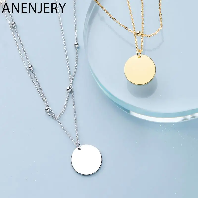 ANENJERY Double Layer Round Disc Pendant Necklace Gold Color Bead Chain Charm Necklace For Women Jewelry