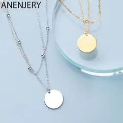 ANENJERY Double Layer Round Disc Pendant Necklace Gold Color Bead Chain Charm Necklace For Women Jewelry