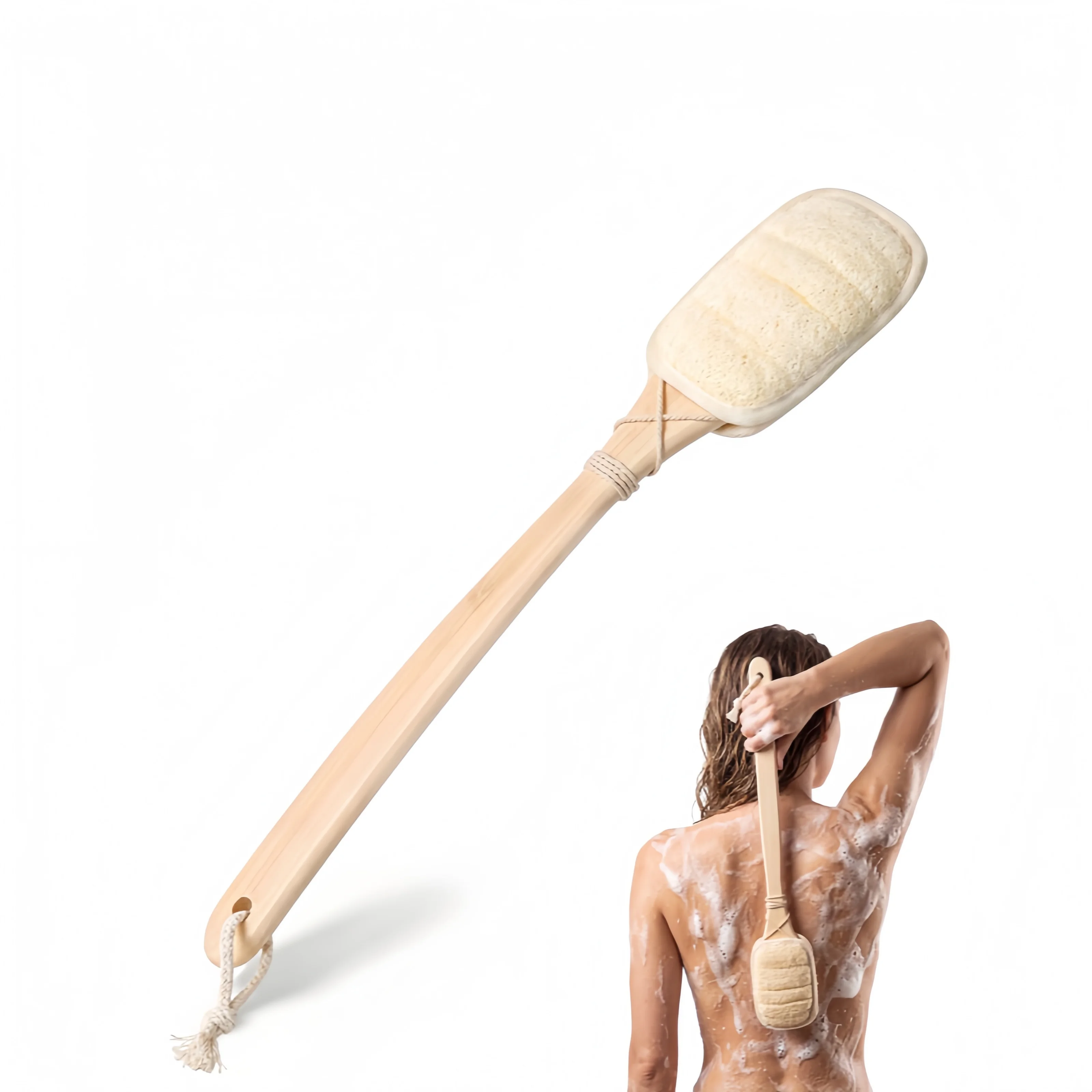 Natural Loofah Back Scrubber for Shower Loofah with Handle，Men & Women Dry Brushing Body Brush Luffa on A Stick Bath Tool