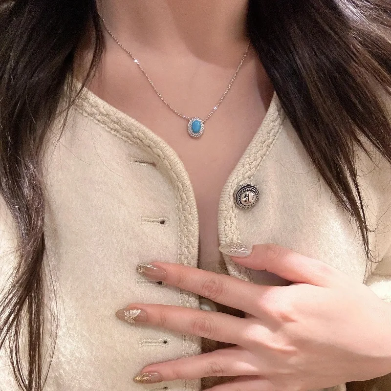Luxury retro surround with oval turquoise earrings for women necklace silver 925 diamonds exquisite blue jewelry sets
