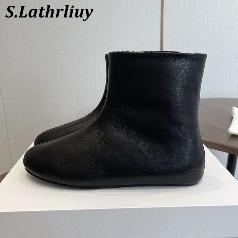 New Genuine Leather Side Zip Short Botas Women's Plush Lining Versatile Retro Flat Ankle Boots Winter Round Toe Warm Snow Boots