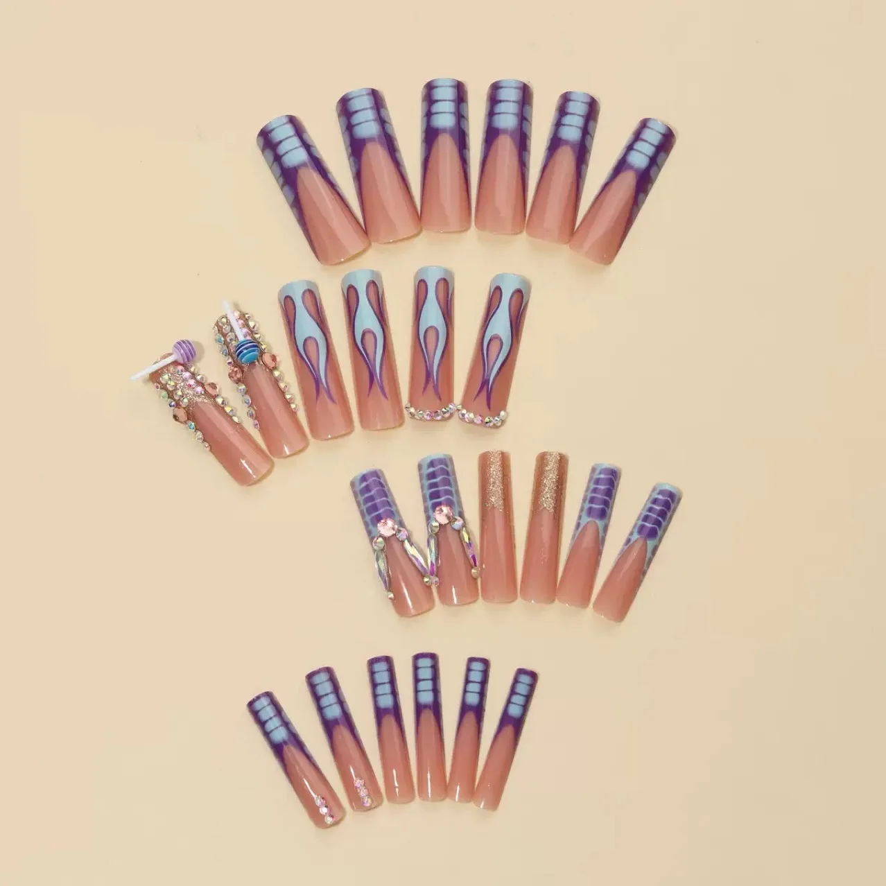 24 قطعة الأحجار الكريمة الملونة الصحافة على مسمار الأزرق لهب طباعة طويلة نعش شكل الاصطناعي الأظافر وهمية سلس للإزالة أظافر صناعية
