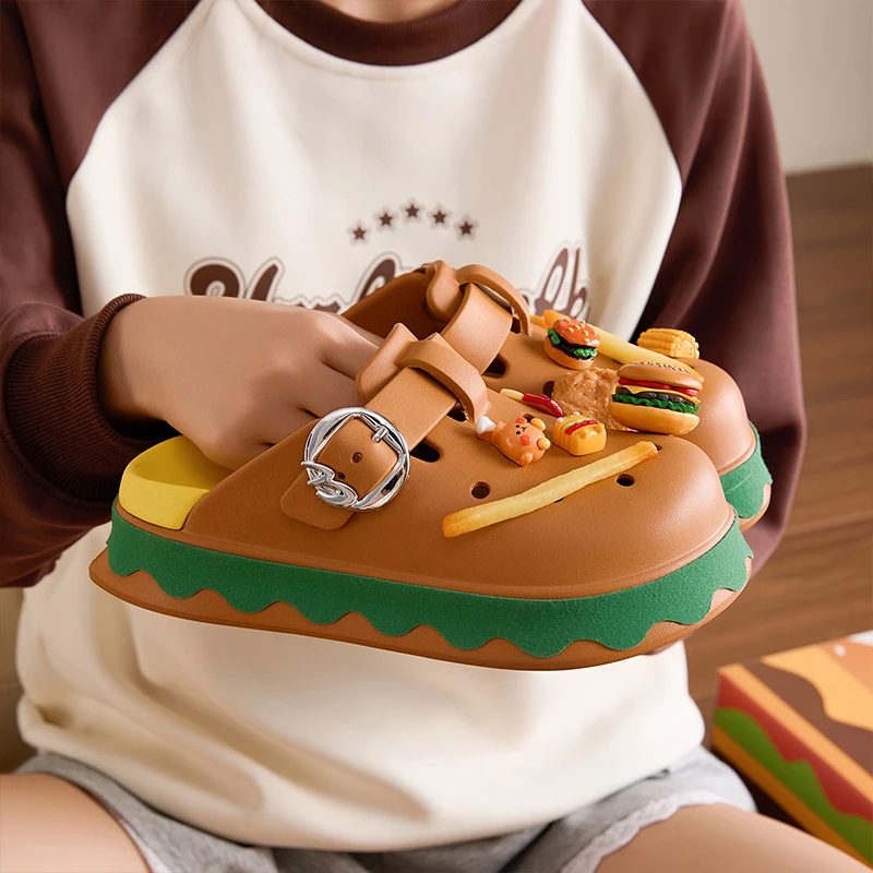 Cartoon Burger Themed Women's Summer 2025 New Outdoor Wear Thi Bot Anti-slip Breathable Comfortable Slippers