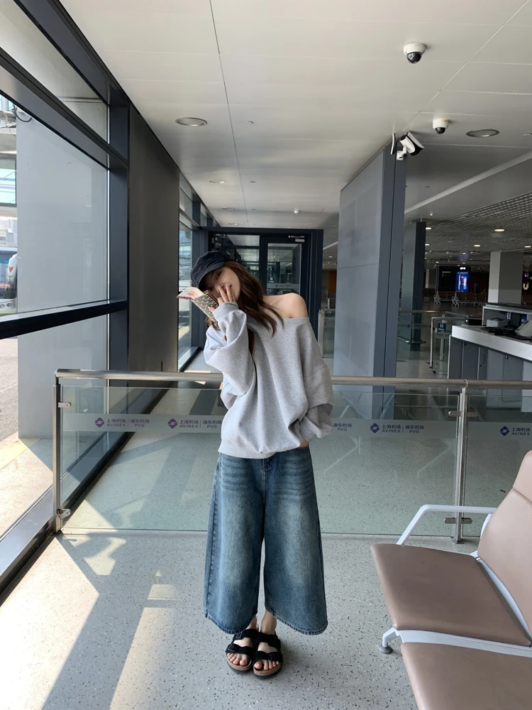 

Свитшот свободного кроя с открытыми плечами, простой и удобный, в стиле кэжуал, женская уличная одежда, весенняя коллекция