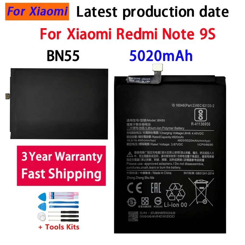 High QualityNEW 5020mAh Replacement Battery For Xiaomi Redmi Note 9S Note9S BN55 Genuine Phone Batteries Bateria Batterij +Tools