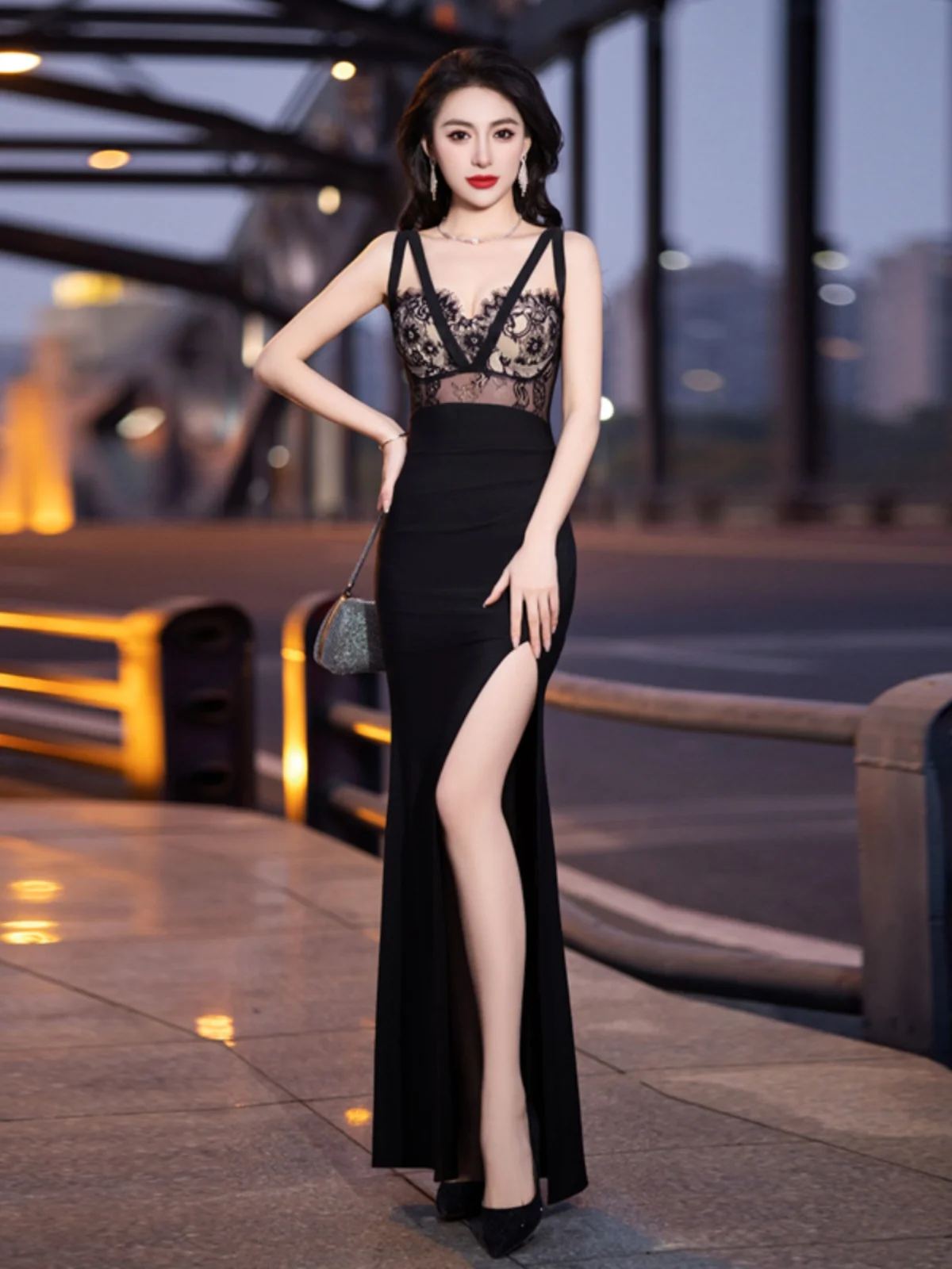 

Black Design Sling Stitching Lace Sexy Spice Girl Temperament Pure Desire Wind High-end Banquet Birthday Graduation Dress