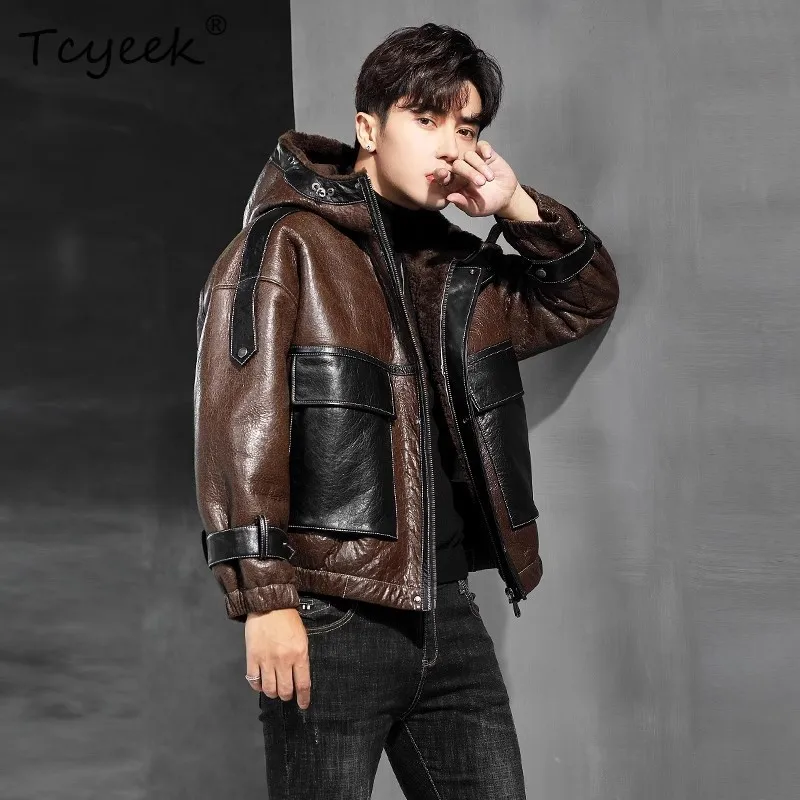 Tcyeek Natural Sheep Fur Coat Motorcycle Genuine Leather Jacket Men Warm Winter Clothes Real Fur Coats Male Loose Fit Дубленка