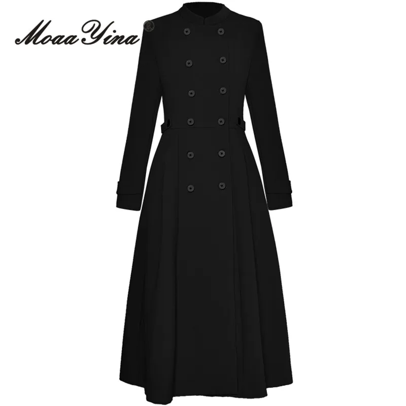 

MoaaYina Winter Fashion Designer Black Vintage Trench Coat Women's Stand Collar Double Breasted High Waist Slim Long Trench Coat