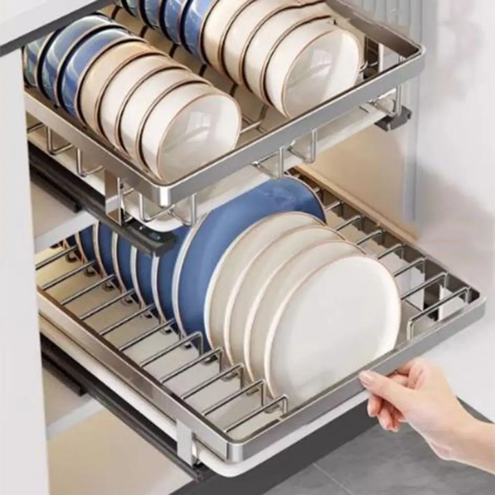 

Stainless Steel Pull-out Dish Rack Large Drawer Type Kitchen Dish Racks with Drain Tray with Handle Cabinets Organizer