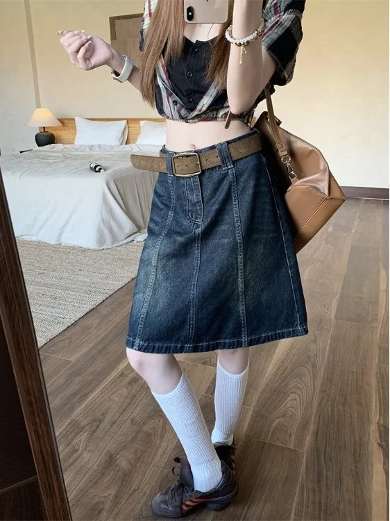 

Retro Faded Denim Fi Tail f Skirt Women's Spring Summer Casual Versatile Sexy Low Waist A-Line Straight Knee-Length Midi...