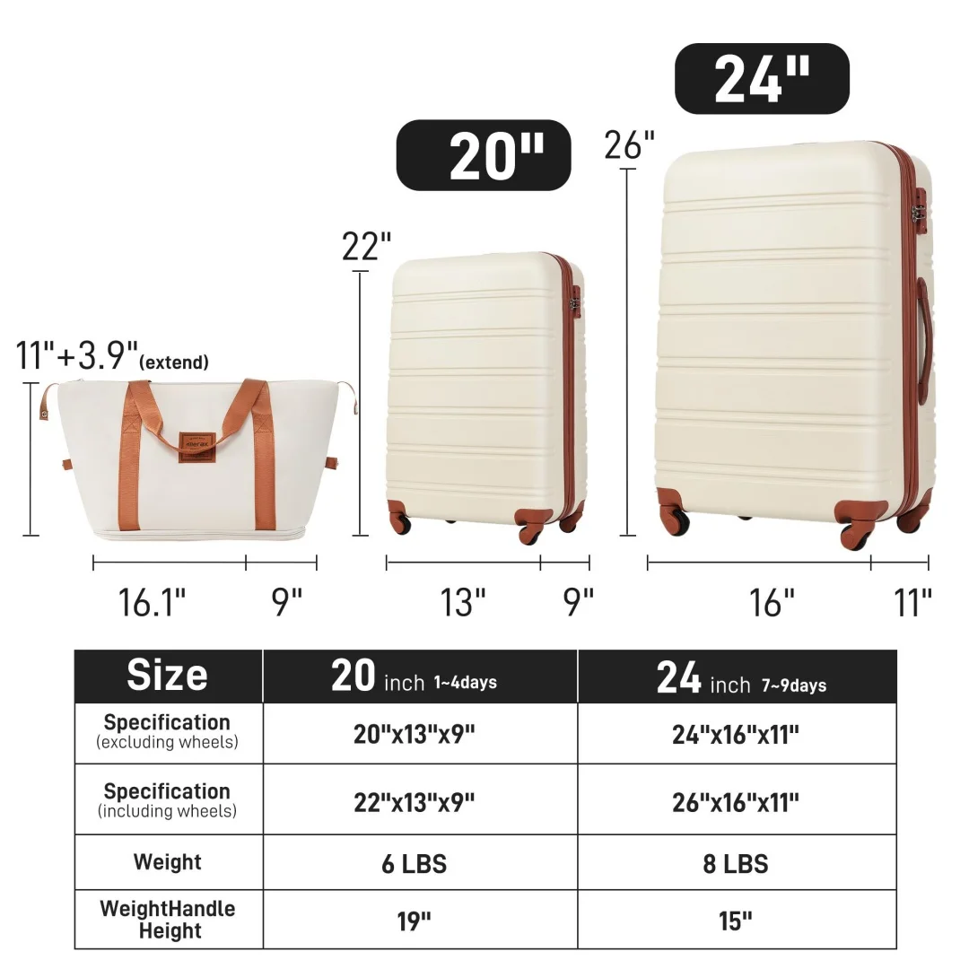 Set de bagages rigide (2 pièces) + Valise rotative avec serrure TSA (type compact, 20 pouces + 24 pouces)