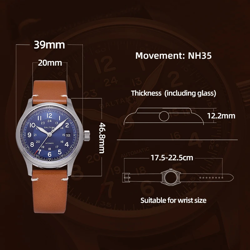 Baltany Field Jam Tangan Pria S2049 10ATM Tahan Air Baja Tahan Karat 39Mm Casing Kalender NH35 Jam Tangan Mekanis Otomatis Fon Pria
