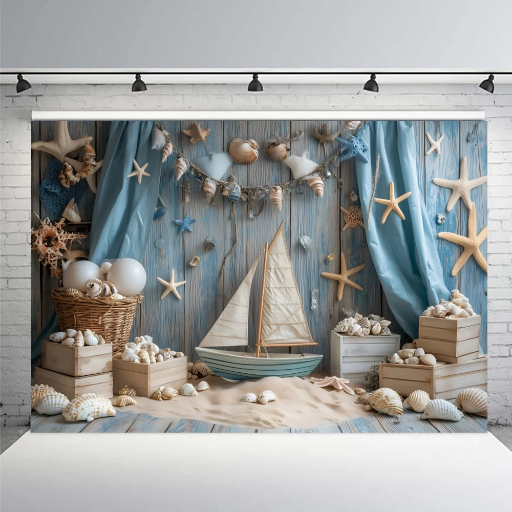 Underwater Pirate Backdrop Blue Ocean Wood Board Treasure World Sea Star Shell Sailboat Kids Boy Birthday Party Decor Background