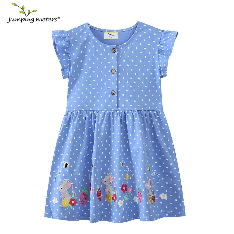 

Jumping Meters 2-7T Buttons Summer Girls Dresses Mouses Embroidery Short Sleeve Birthday Party Children's Clothes Toddler Wear