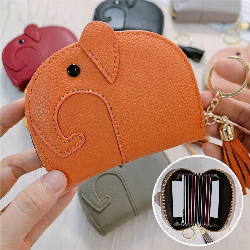 محفظة نسائية للعملات المعدنية على شكل فيل لطيف؛ حقيبة تخزين من جلد البولي يوريثان بنمط Lichee للنساء