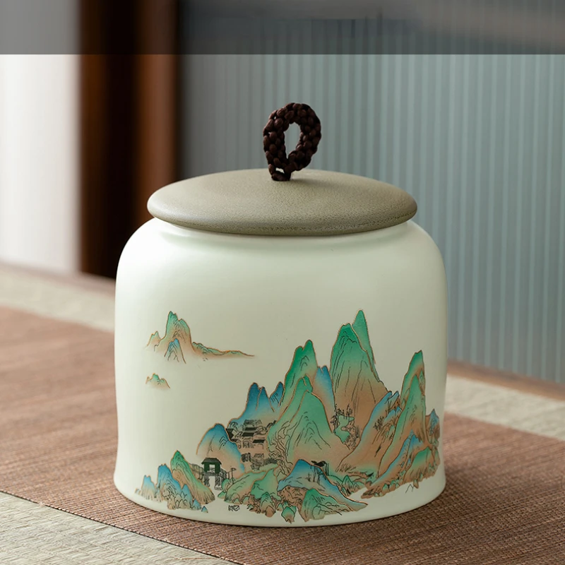 

Tea Pot Ceramic Cyan Packaging Gift Box Storage Green White Pu'er Longjing Chinese Retro High-End Home Decorations Double Cans