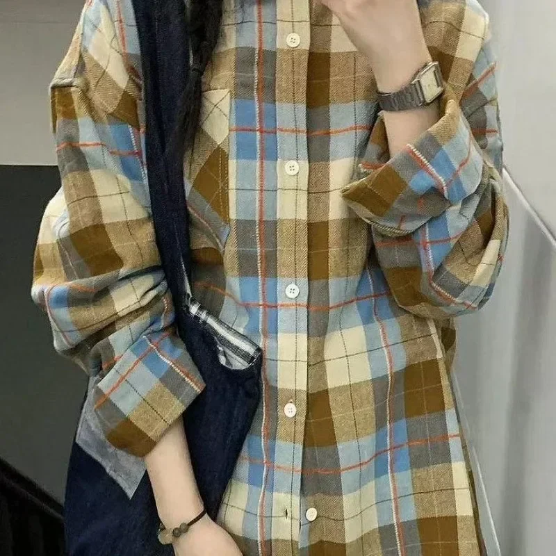 DAYIFUN Ladies Brown Plaid Shirt Summer Vintage Loose Daliy Long Sleeved Top Versatile Casual Couples Lapel Collar Clothes