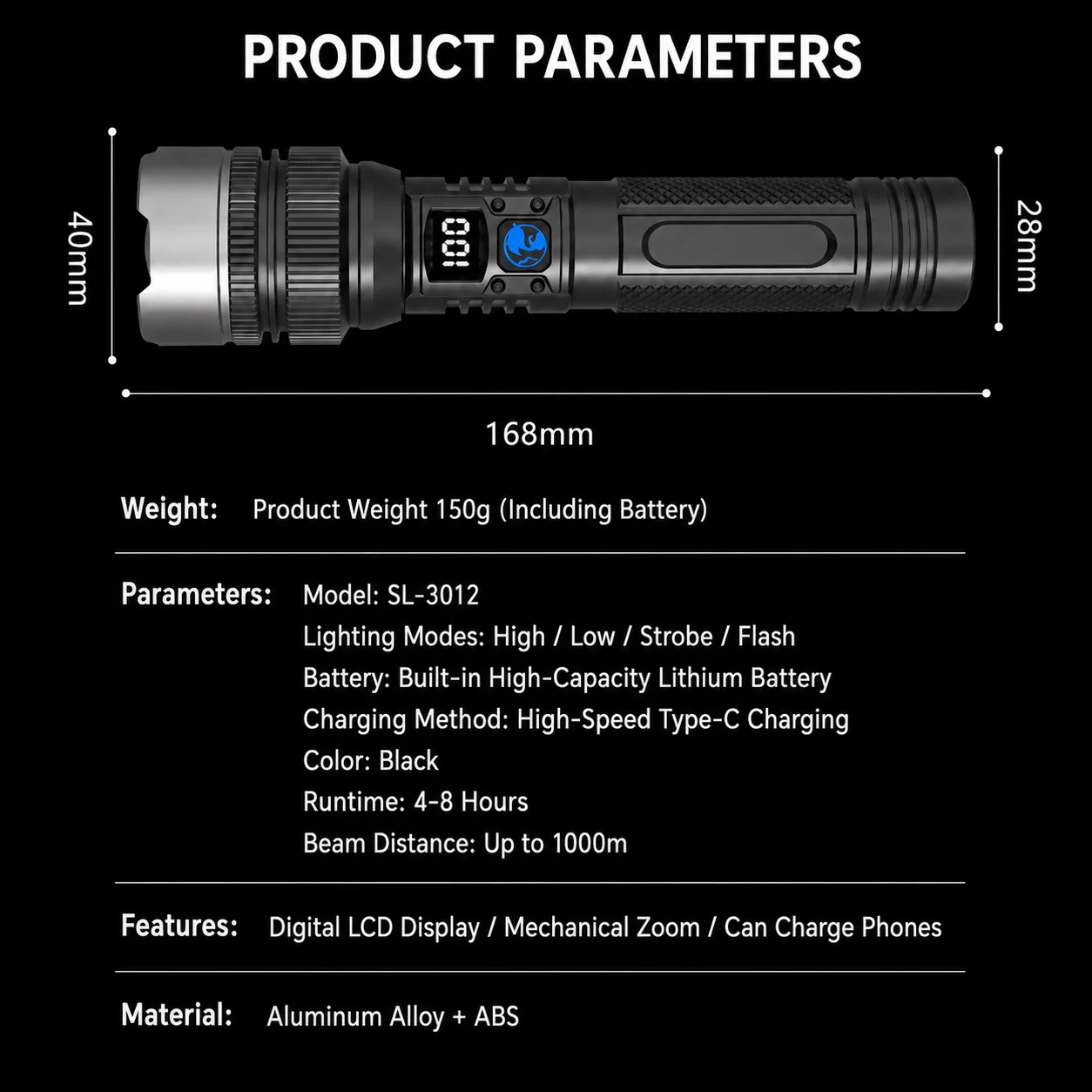 Powerful LED Flashlight Type-C Rechargeable Zoomable Torch with Digital Display Handheld Flashlights Power Bank for Outdoor Use image 6