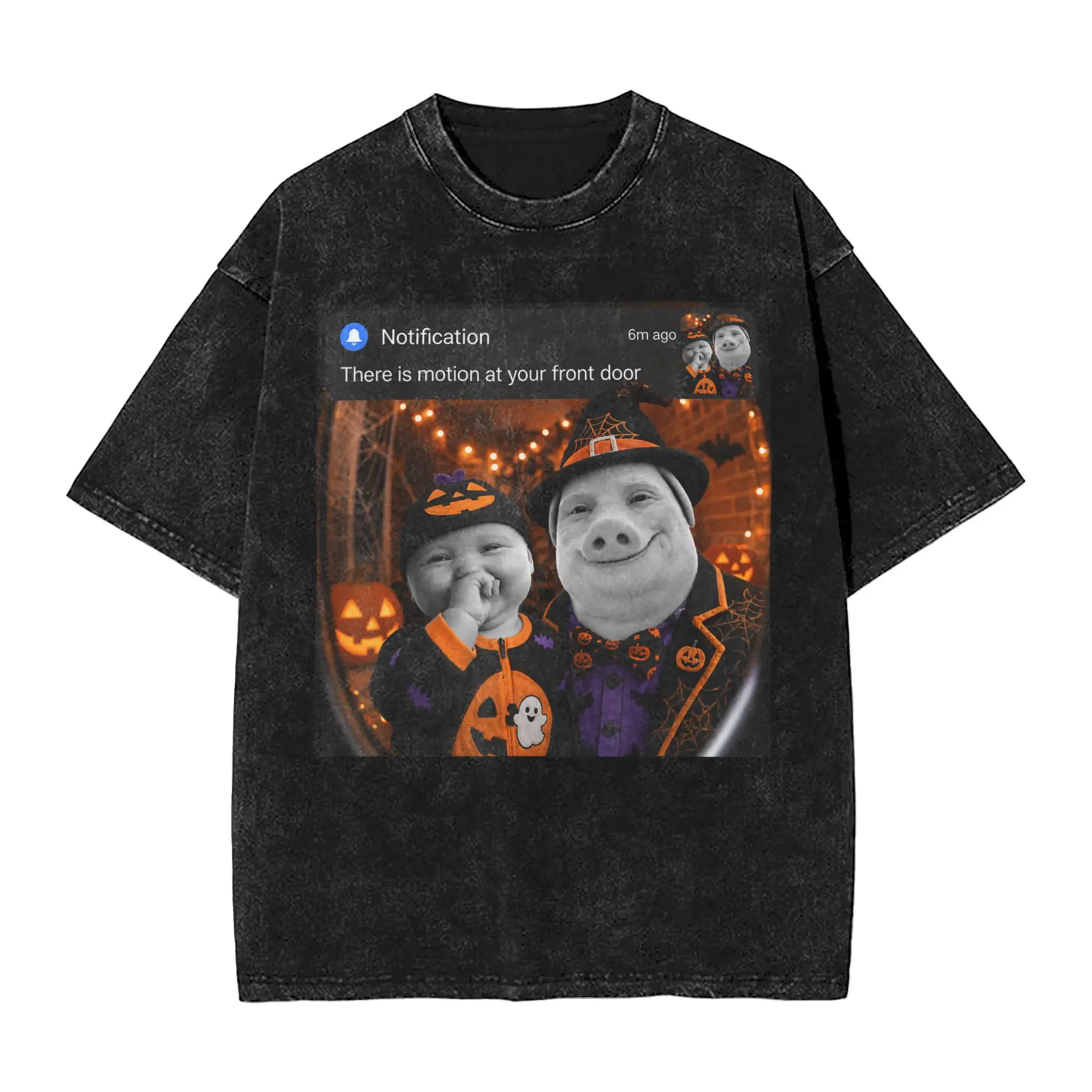 Funny Halloween John Pork and Ai Baby Motion Doorbell Meme T-Shirts for Men Casual Cotton Tees Round Collar Short Sleeve T Shirt
