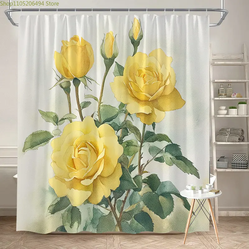 elegant yellow rose watercolor shower curtain for romantic bathroom decor vintage floral art with soft green leaves Quick Setup