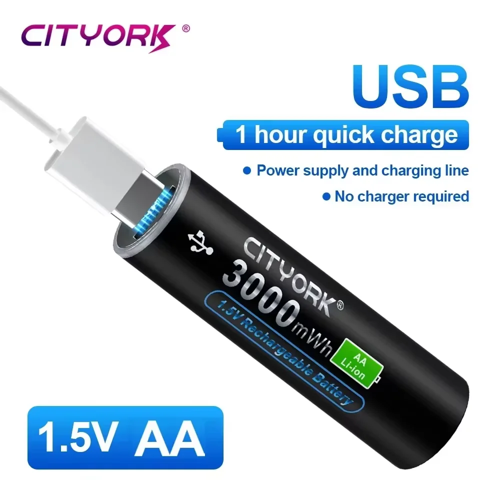 CITYORK-batería recargable de iones de litio para reproductor de MP3, pila AA de litio de 1,5 V, 3000MWh, Micro USB, AA, 2A, para termómetro  pilas recargables usb