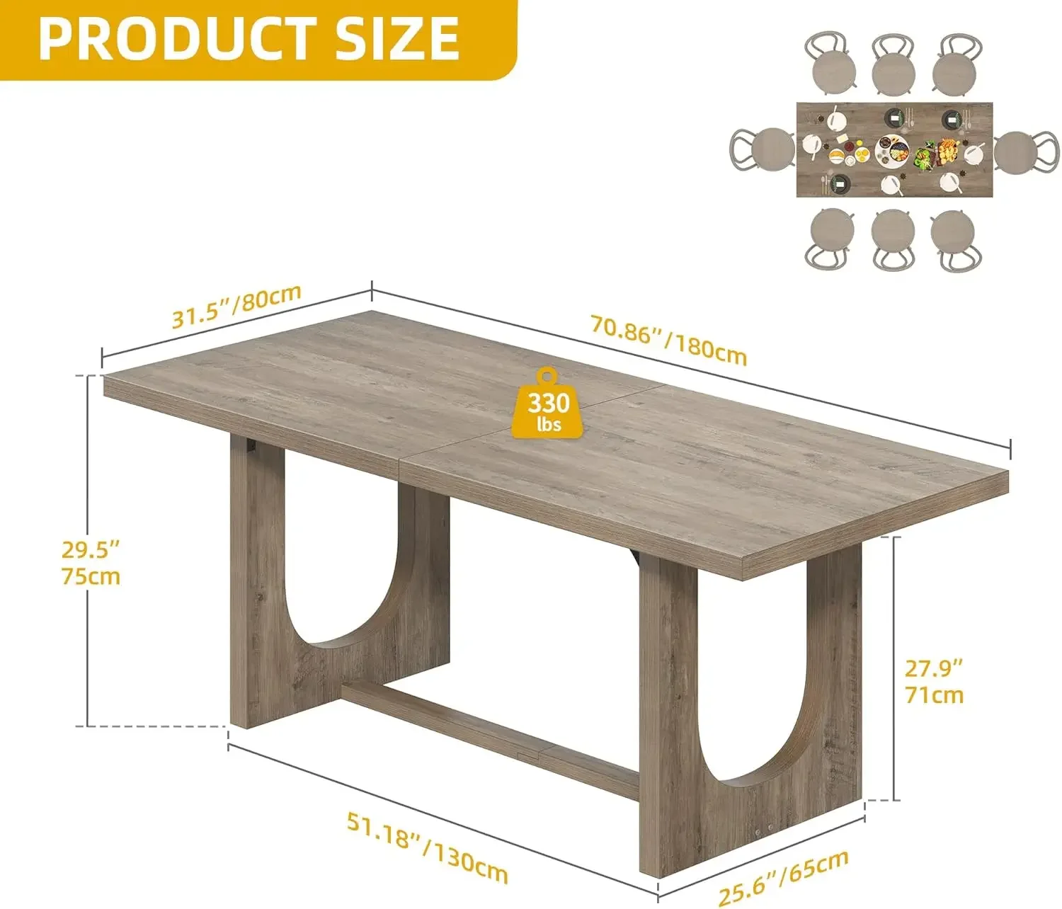 Dining Room Table for 6-8 People 70.86" Large Rectangle Dining Table Farmhouse Kitchen Table with Heavy Duty Wooden Base Rustic