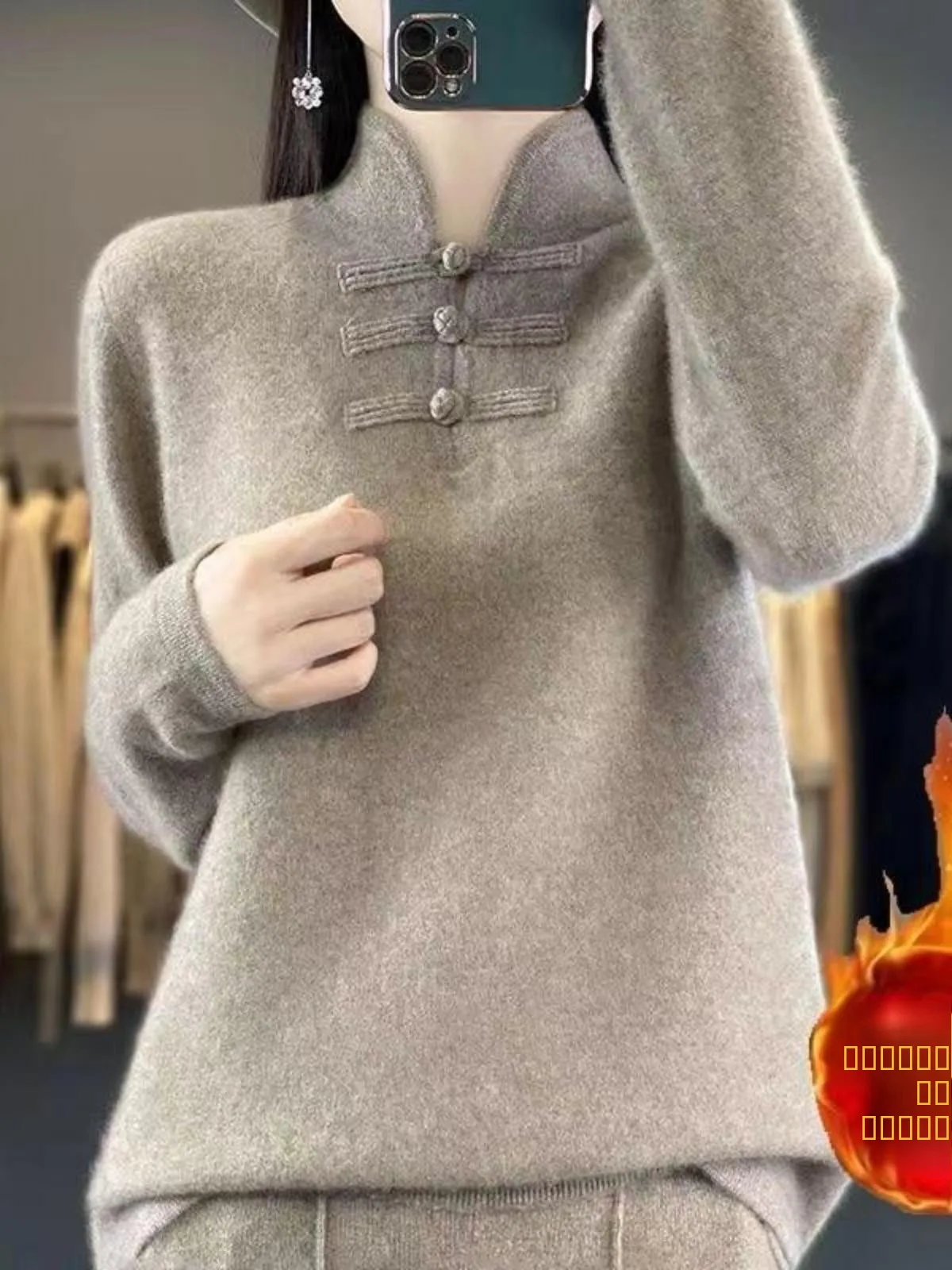 厚みのあるドイツ製ベルベット素材の袍風レディースルーズフィット襟なしコート、カジュアルスタイル、無地、2024秋冬新作